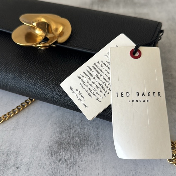 Ted Baker London Kira Rose Clutch Brushed Gold Black Leather Shoulder Handbag - Picture 13 of 16